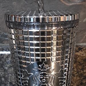 Starbucks Metallic Silver Grid Tumbler